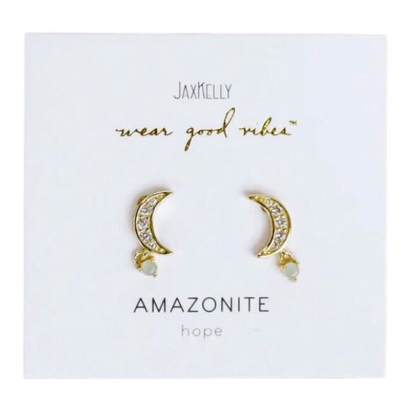 JAXKELLY NIP Amazonite Stone White CZ Moon Drop Sterling Silver Posts Earrings - Picture 8 of 9